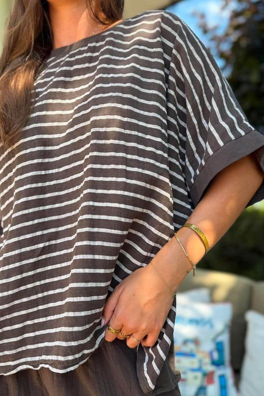 Below Deck Cheesecloth Stripe Tee Chocolate